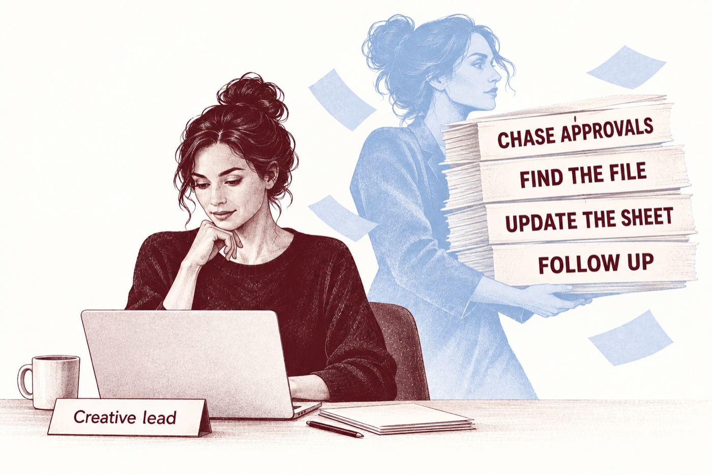 A creative lead at her laptop. A second silhouette carries the extra tasks: chase approvals, find the file, update the sheet, and follow up.